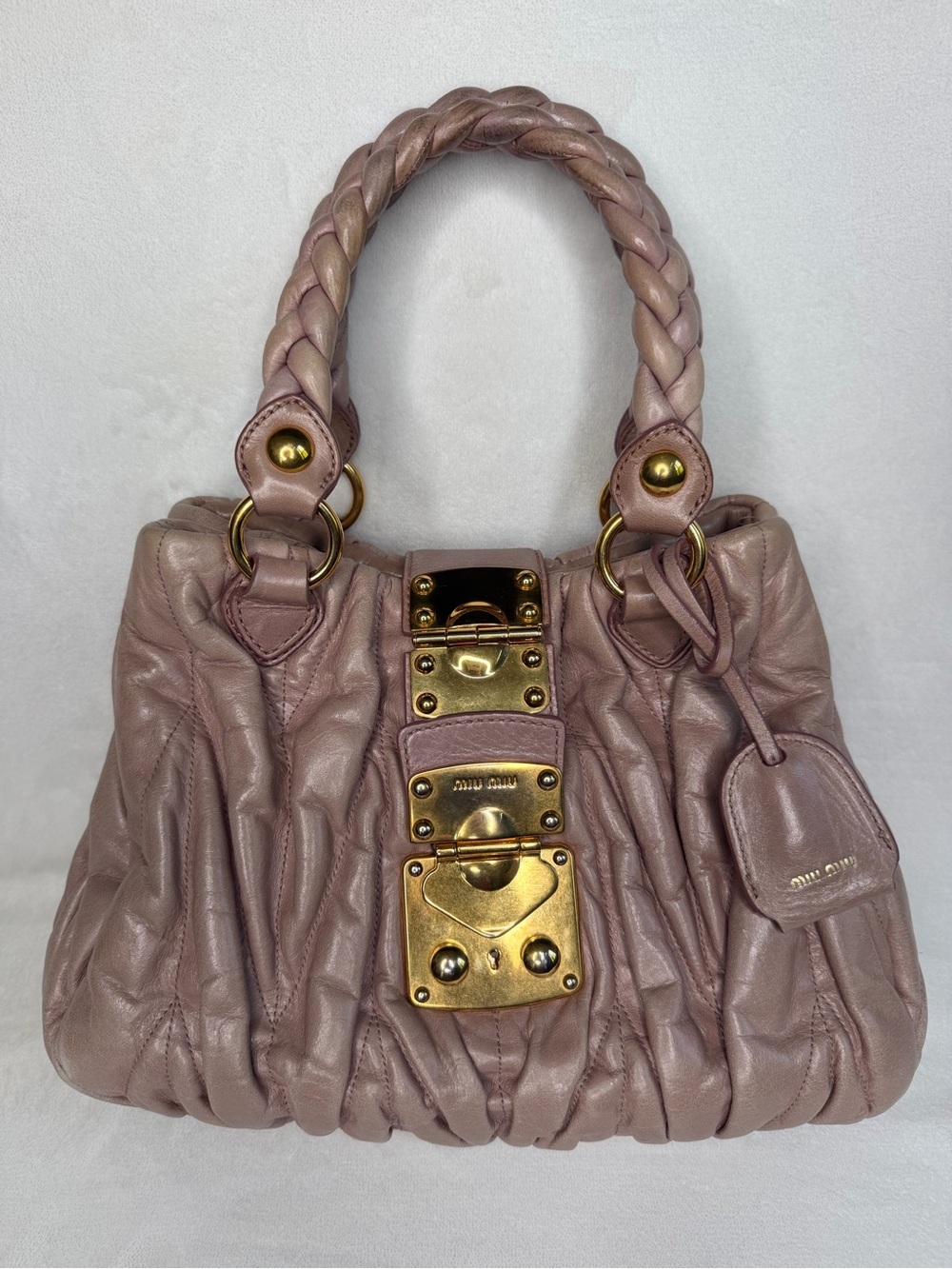 Miu Miu Dusty Pink Ruched Leather Satchel with Gold Hardware